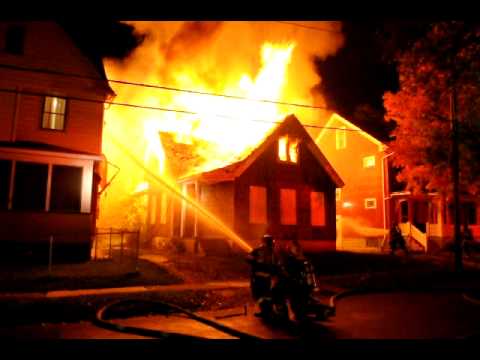 house on fire at night